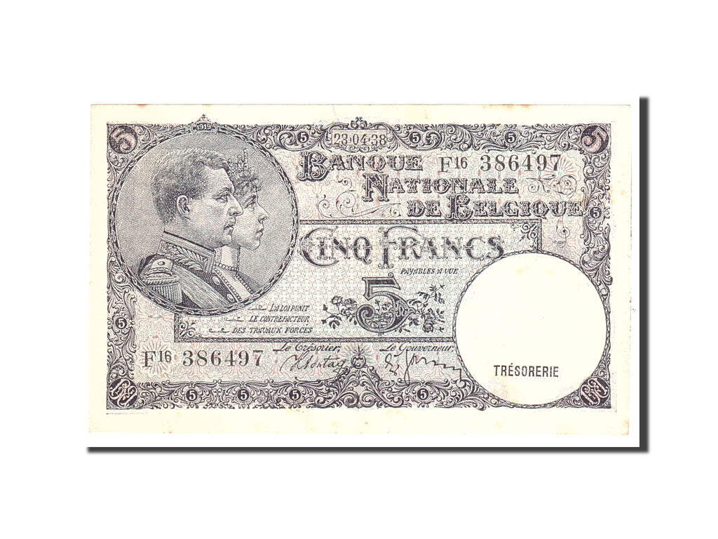 Banknote, Belgium, 5 Francs, 1938, 1938-04-23, KM:108a, EF(40-45)