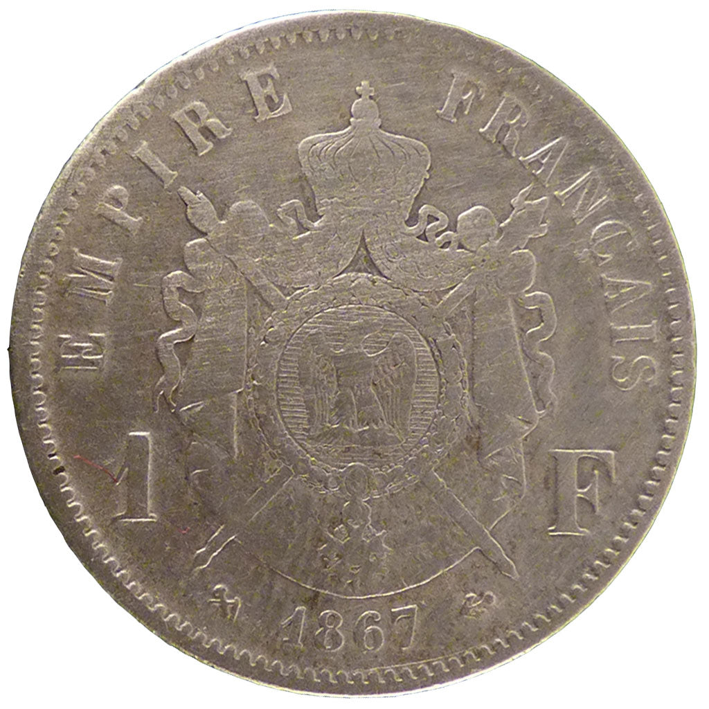 Francia, Napoleon III, Napoléon III, Franc, 1867, Bordeaux, MB+, Argento, Ga...