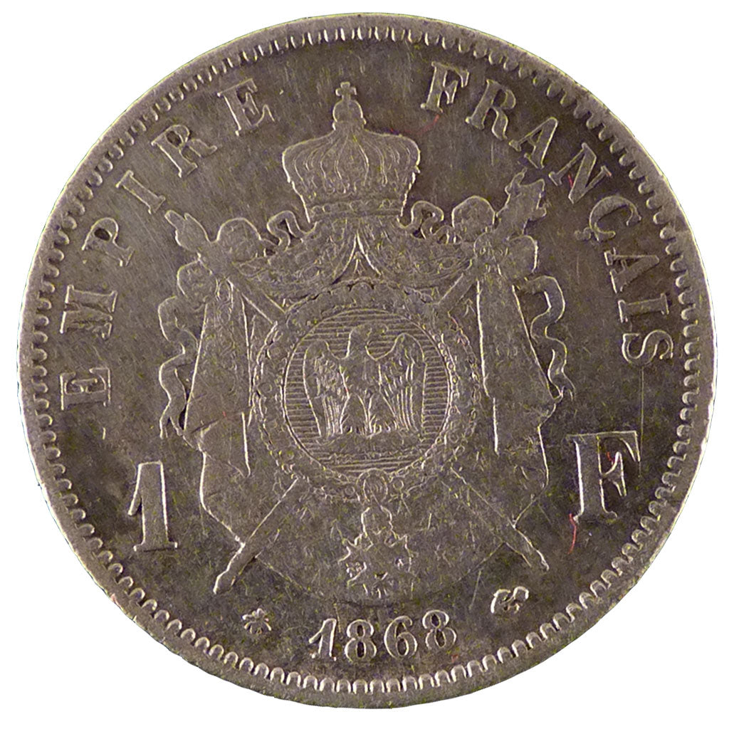 FRANCE, Napoléon III, 1 Franc, 1868, Paris, VF(30-35), Silver, Gadoury #463, 5..