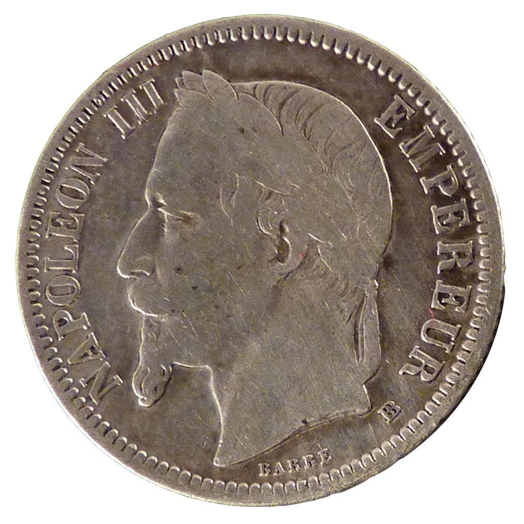 FRANCE, Napoléon III, Franc, 1870, Strasbourg, KM #806.2, VF(30-35), Silver, G..