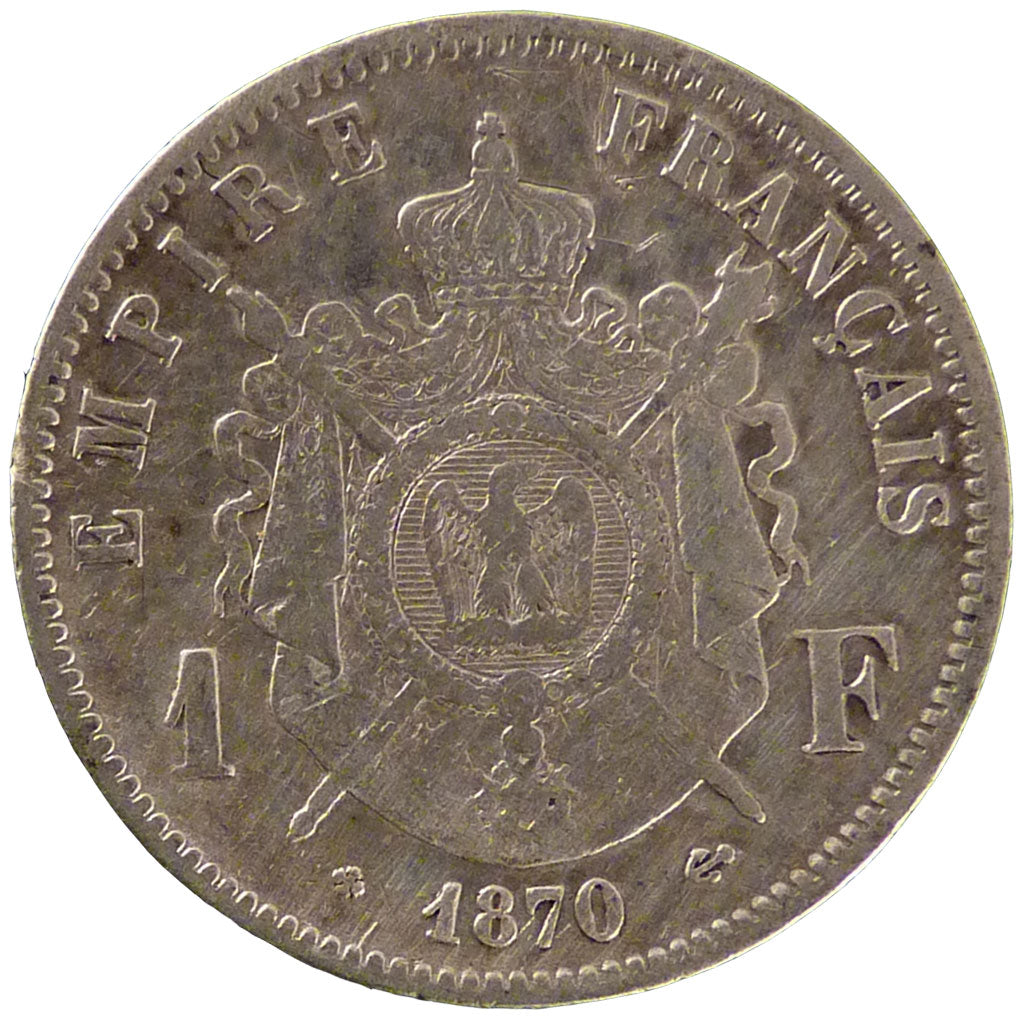 FRANCE, Napoléon III, Franc, 1870, Strasbourg, KM #806.2, VF(30-35), Silver, G..
