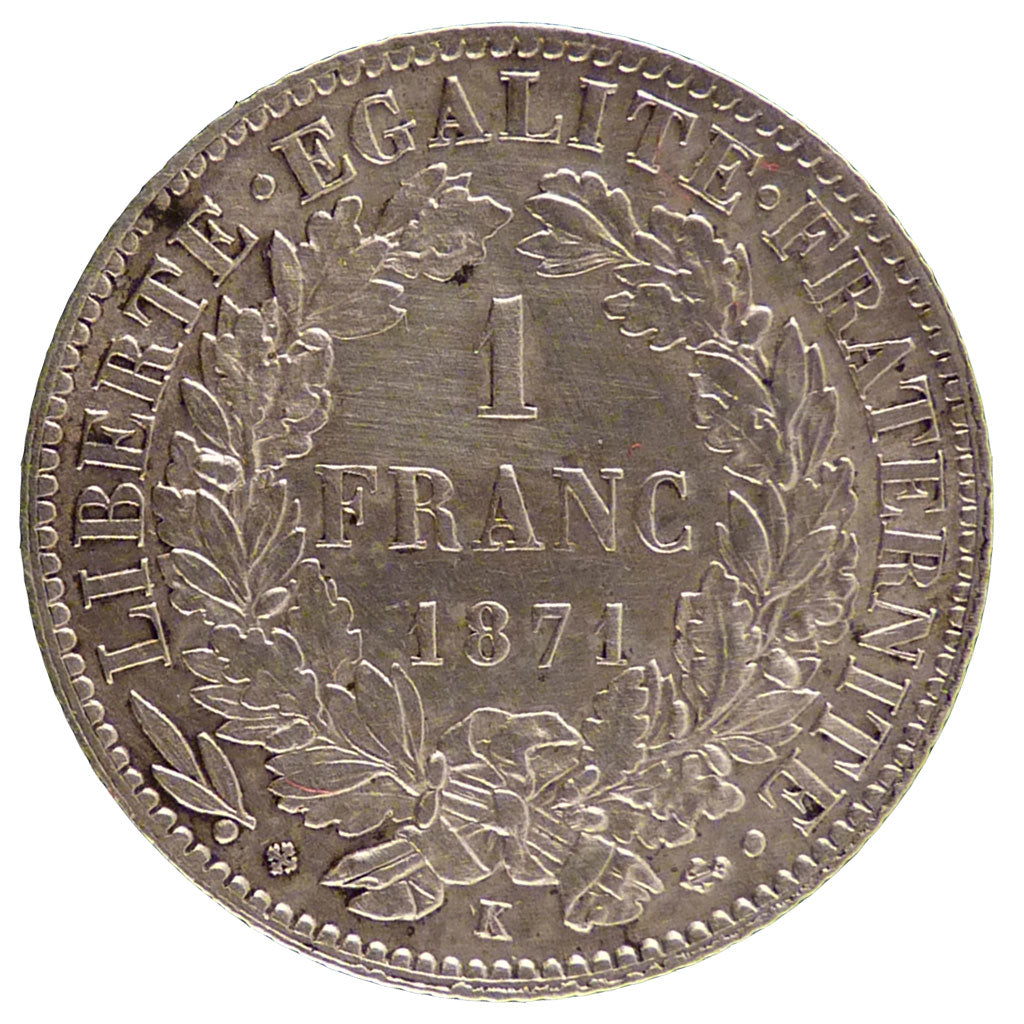 FRANCE, Cérès, Franc, 1871, Bordeaux, KM #822.2, AU(50-53), Silver, 23, Gadoury