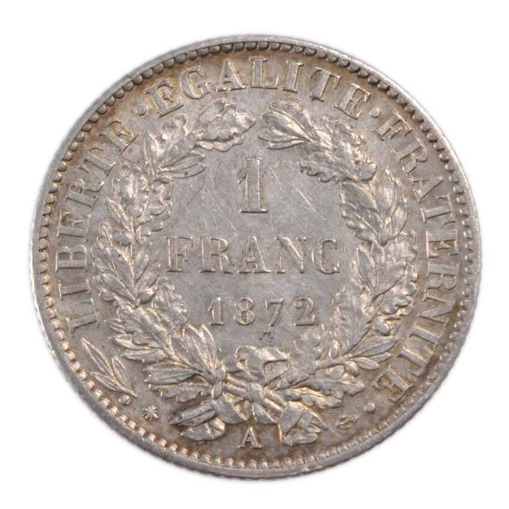 FRANCE, 1 Franc, 1872, Paris, AU(55-58), Silver, Gadoury #465a, 5.00