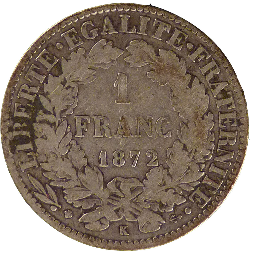 FRANCE, 1 Franc, 1872, Bordeaux, VF(20-25), Silver, Gadoury #465a, 4.90