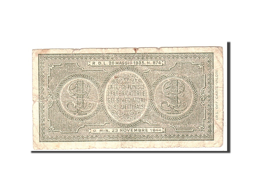 Banknote, Italy, 1 Lira, 1944, 1944-11-23, KM:29a, VF(20-25)