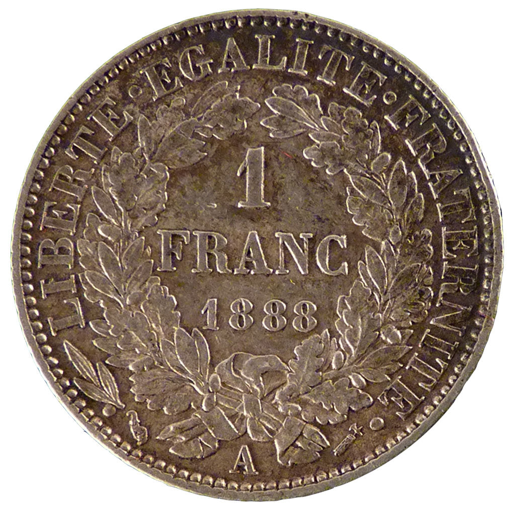 FRANCE, Cérès, Franc, 1888, Paris, KM #822.1, AU(50-53), Silver, 23, Gadoury #..