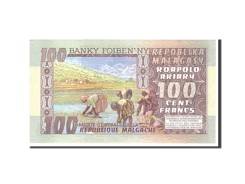 Banknote, Madagascar, 100 Francs =  20 Ariary, 1974, Undated, KM:63a, UNC(65-70)