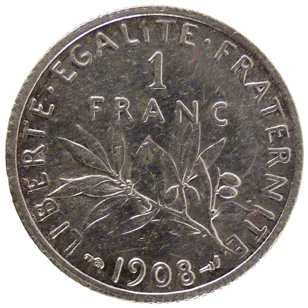 Coin, France, Semeuse, Franc, 1908, Paris, AU(55-58), Silver, Gadoury:467