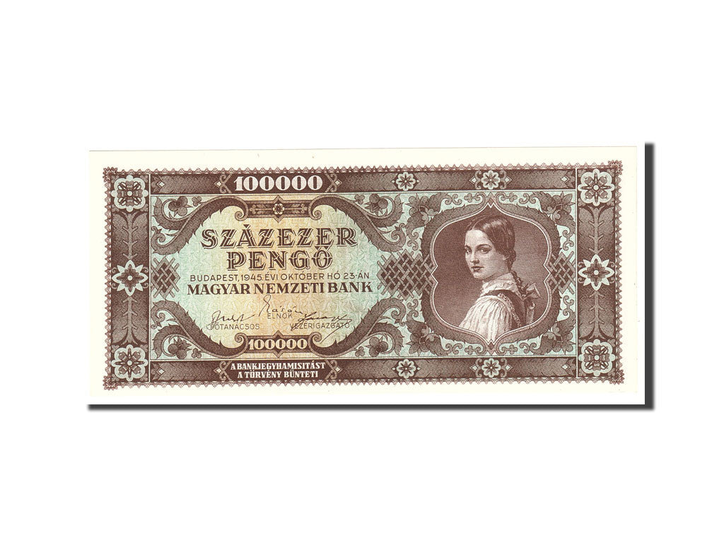 Banknote, Hungary, 100,000 Pengö, 1945, 1945-10-23, KM:121a, UNC(65-70)