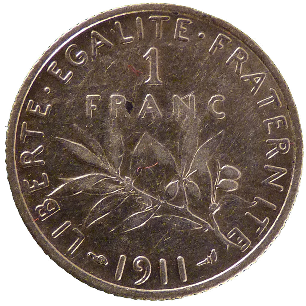 FRANCE, Semeuse, Franc, 1911, Paris, KM #844.1, AU(50-53), Silver, 23, Gadoury..
