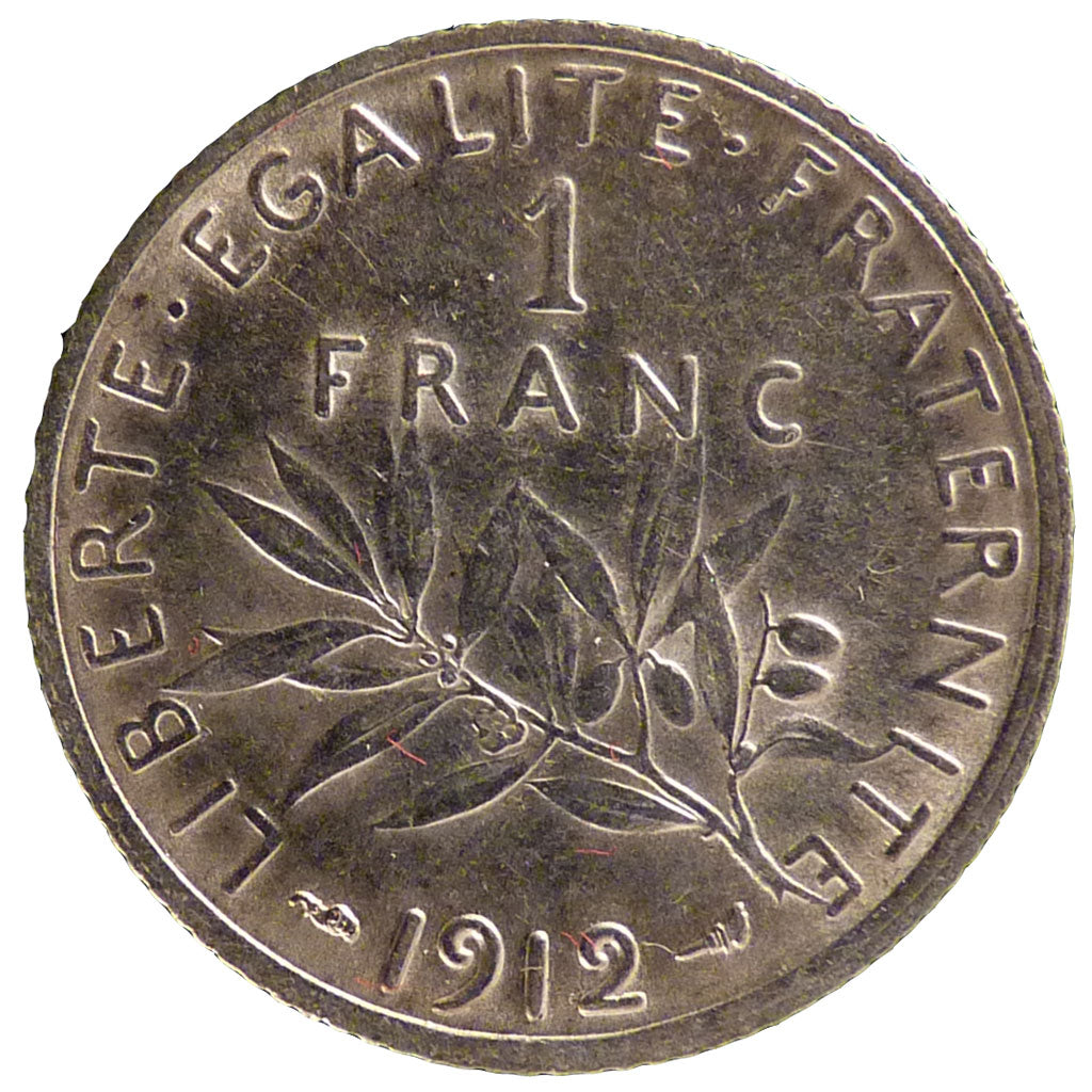 FRANCE, Semeuse, Franc, 1912, Paris, KM #844.1, AU(50-53), Silver, 23, Gadoury..