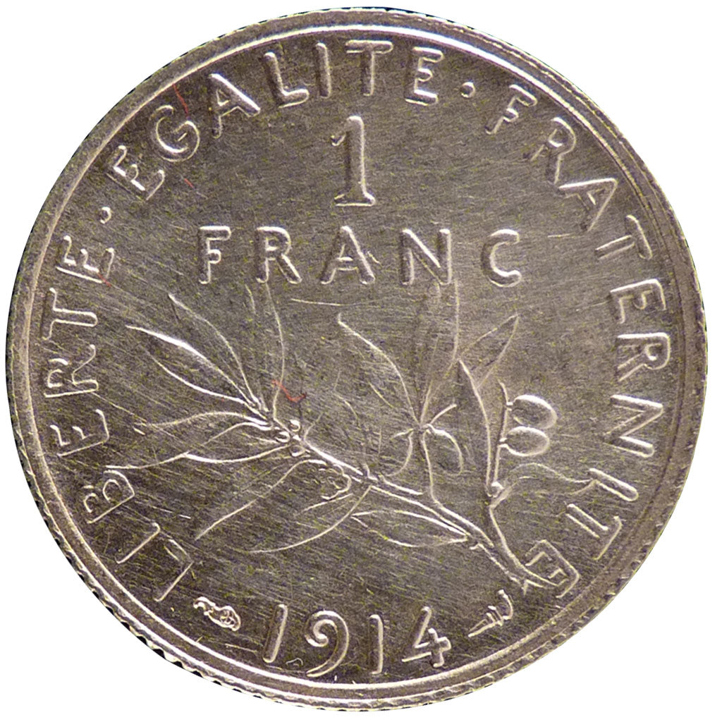 FRANCE, Semeuse, Franc, 1914, Paris, KM #844.1, AU(55-58), Silver, 23, Gadoury..