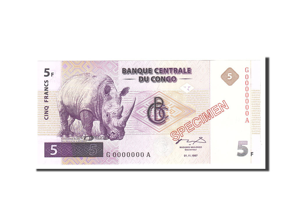 Congo Democratic Republic, 5 Francs, 1997, KM:86s, 1997-11-01, UNC(65-70)