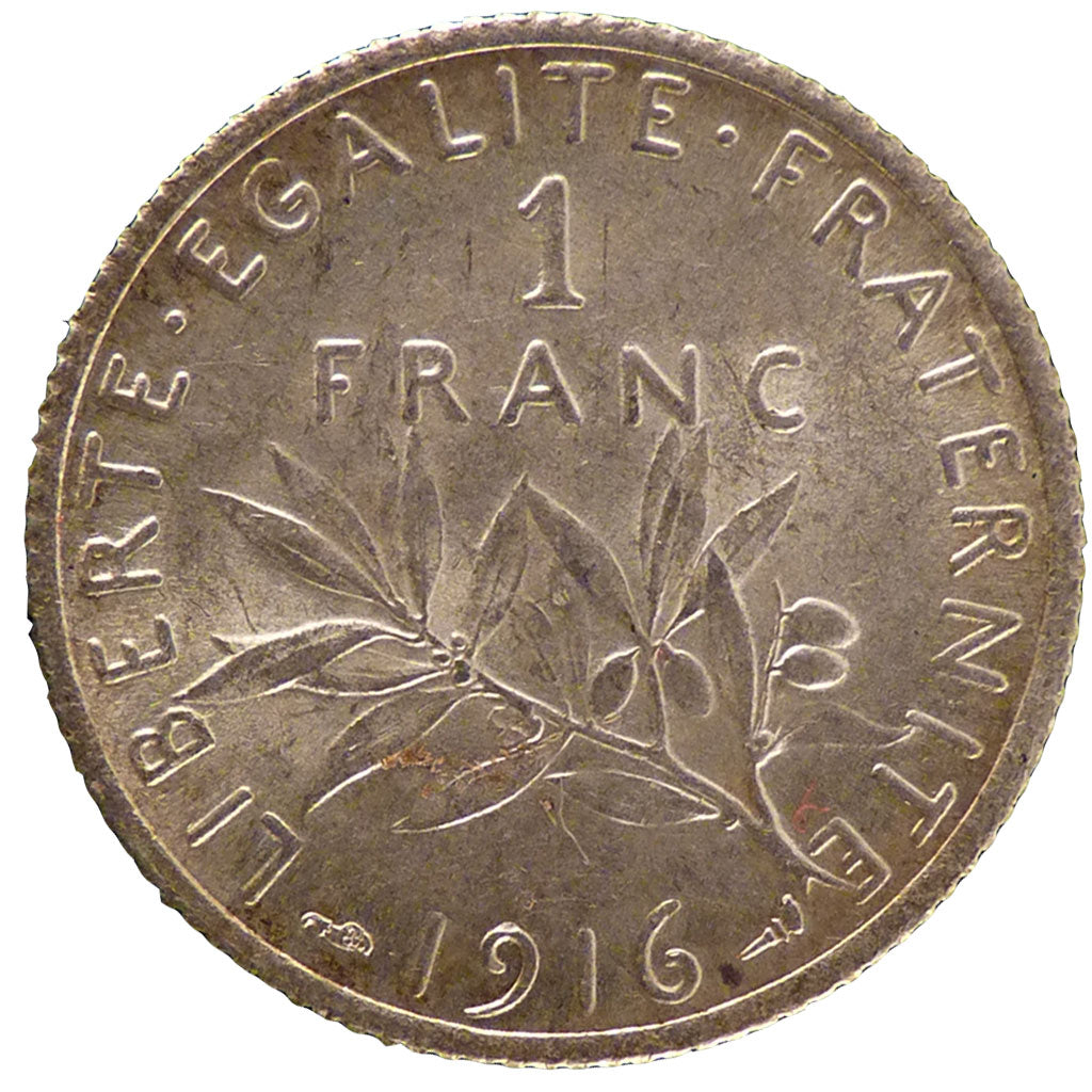 FRANCE, Semeuse, Franc, 1916, Paris, KM #844.1, MS(60-62), Silver, 23, Gadoury..