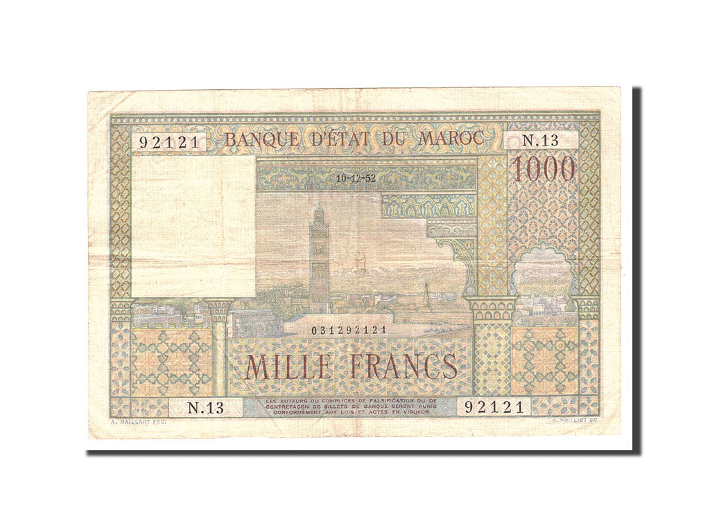 Morocco, 1000 Francs, 1952, KM:47, 1952-12-10, VF(20-25)