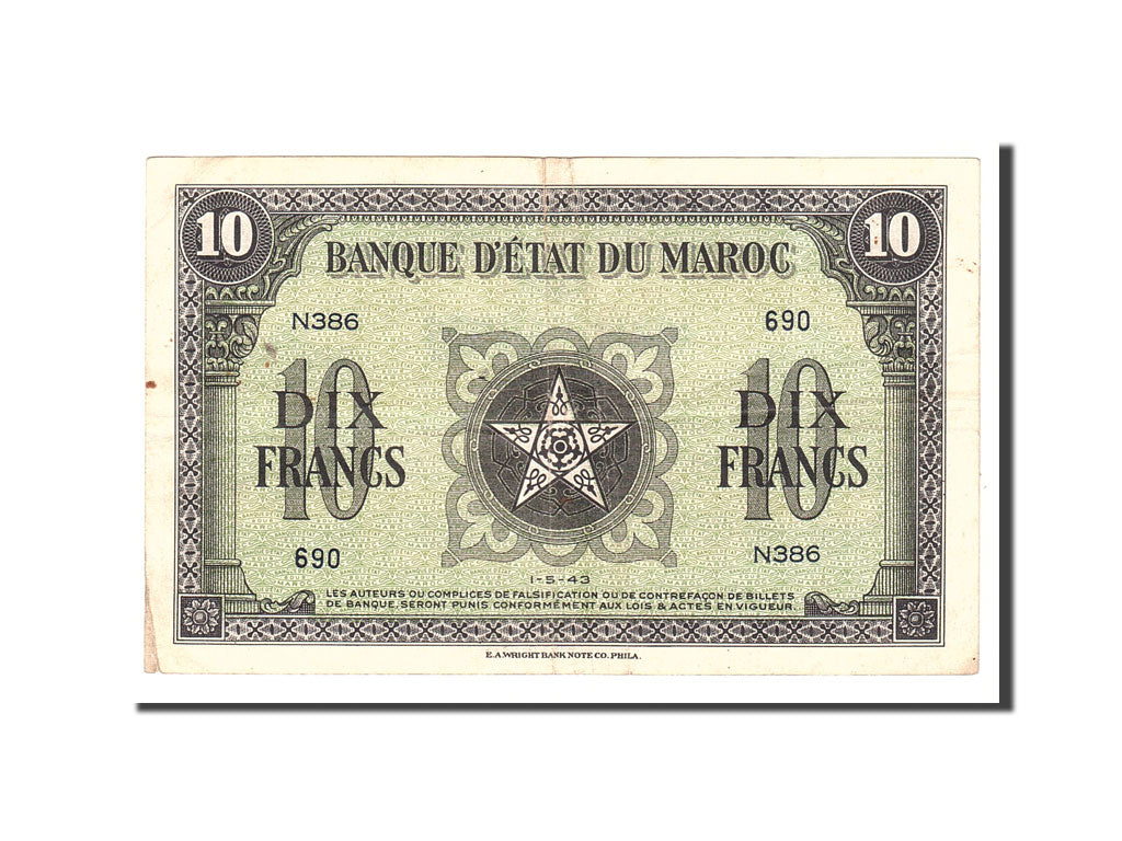 Morocco, 10 Francs, 1943, KM:25a, 1943-05-01, EF(40-45)