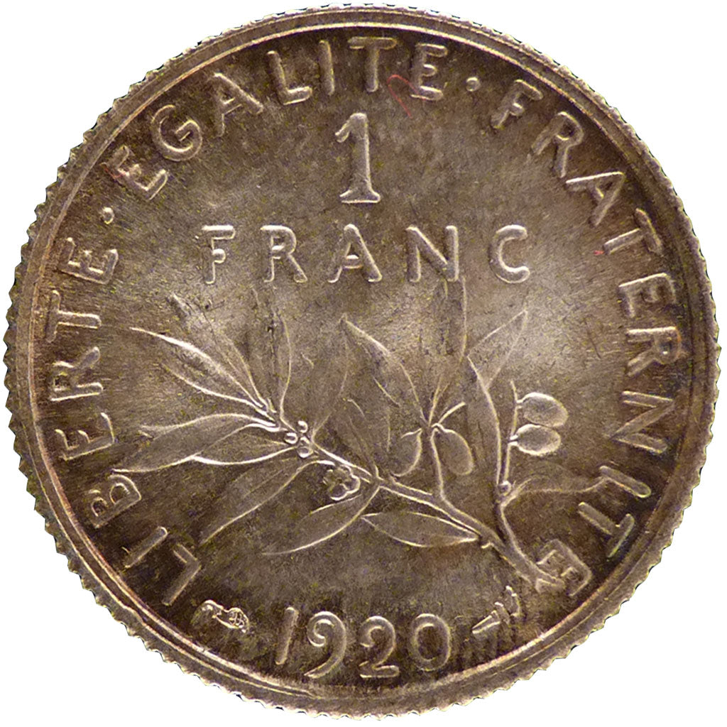 FRANCE, Semeuse, 1 Franc, 1920, Paris, MS(60-62), Silver, 23, Gadoury #467, 5.00