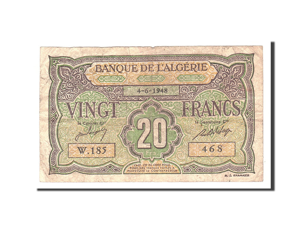 Algeria, 20 Francs, 1948, KM:103, 1948-06-04, VF(20-25)