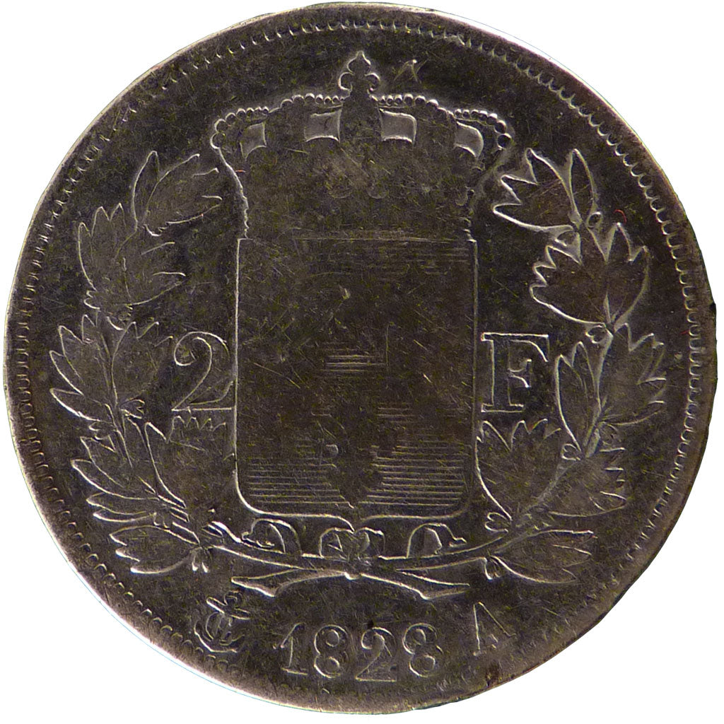 FRANCE, Charles X, 2 Francs, 1828, Paris, VG(8-10), Silver, Gadoury #516, 9.70