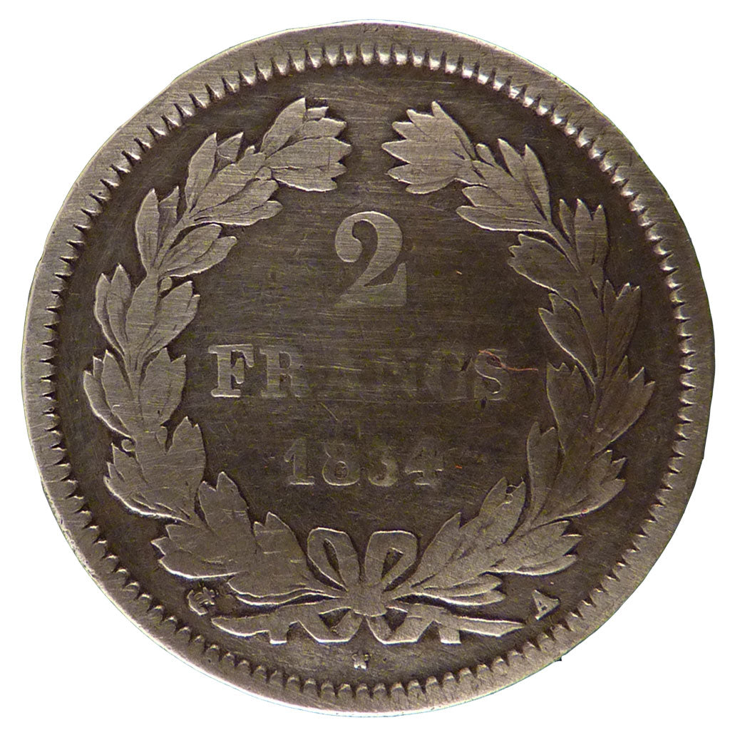 FRANCE, Louis-Philippe, 2 Francs, 1834, Paris, KM #743.1, F(12-15), Silver,...