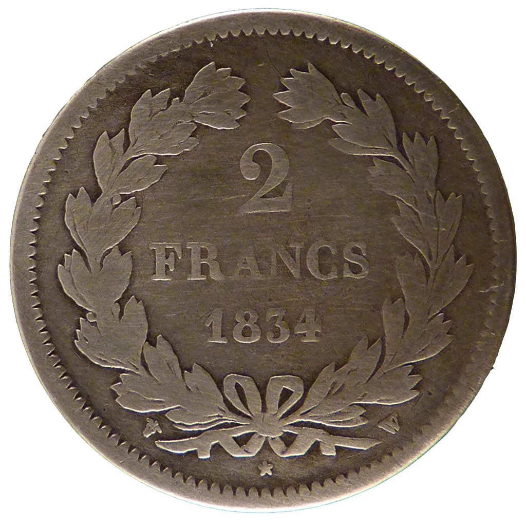 FRANCE, Louis-Philippe, 2 Francs, 1834, Lille, KM #743.13, F(12-15), Silver,...