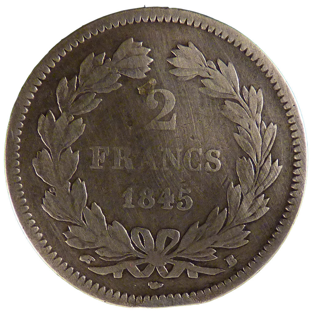 FRANCE, Louis-Philippe, 2 Francs, 1845, Rouen, KM #743.2, VF(20-25), Silver,...