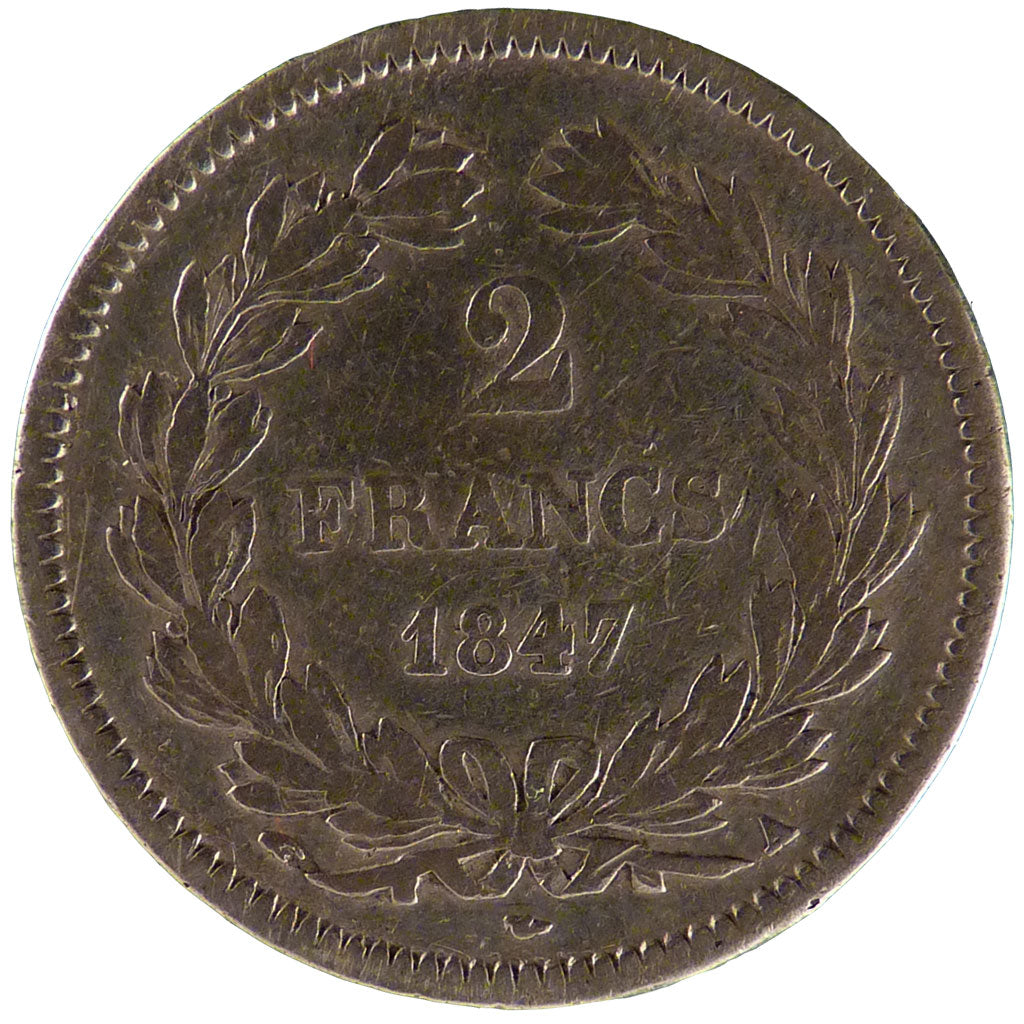 FRANCE, Louis-Philippe, 2 Francs, 1847, Paris, VF(20-25), Silver, Gadoury #520,.