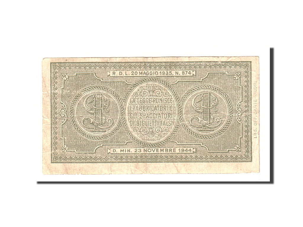 Banknote, Italy, 1 Lira, 1944, 1944-11-23, KM:29a, EF(40-45)