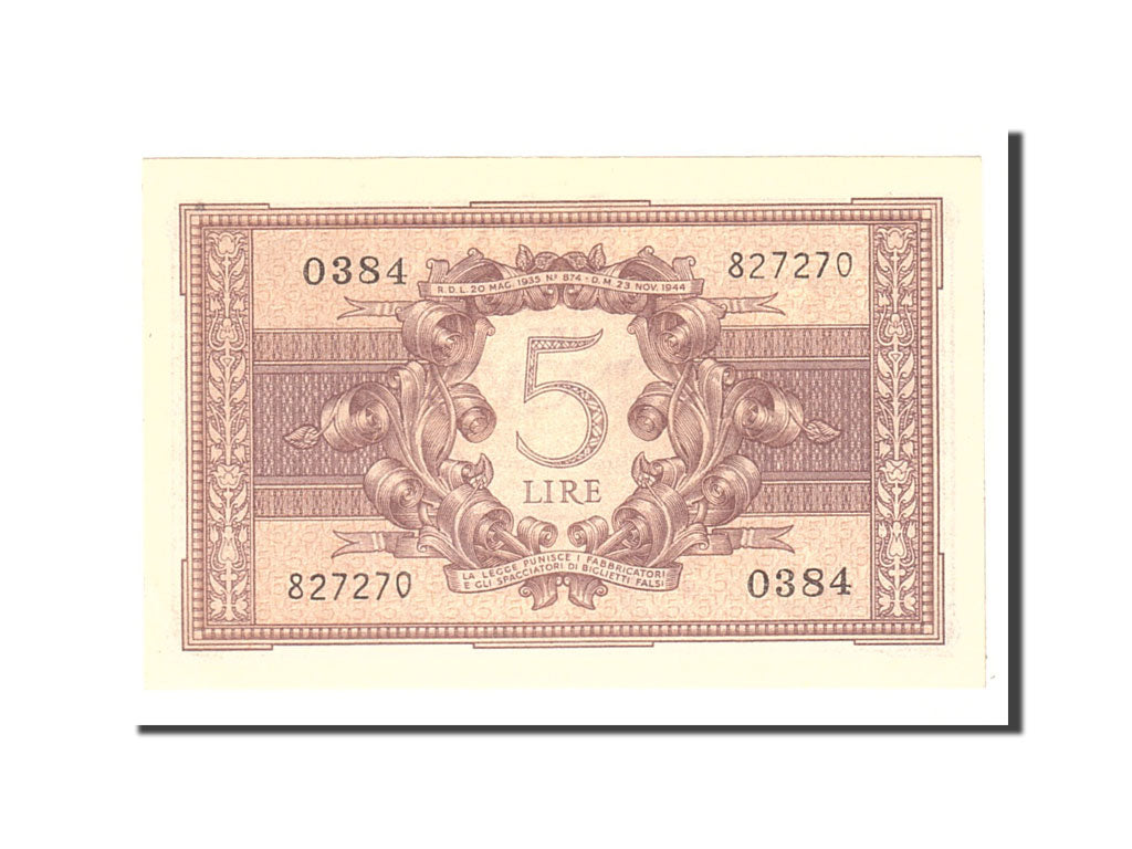 Italy, 5 Lire, 1944, KM:31b, 1944-11-23, UNC(63)