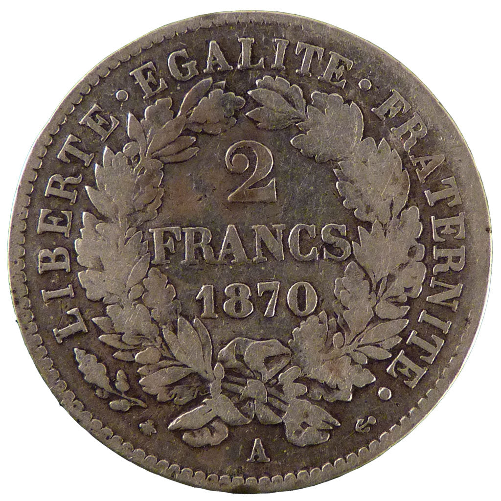 FRANCE, Cérès, 2 Francs, 1870, Paris, KM #816.1, VF(20-25), Silver, Gadoury #530