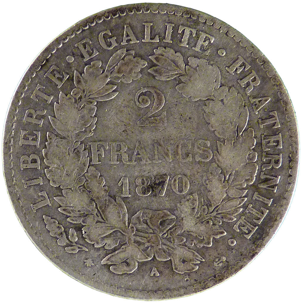 FRANCE, Cérès, 2 Francs, 1870, Paris, KM #816.1, VF(20-25), Silver, Gadoury #530