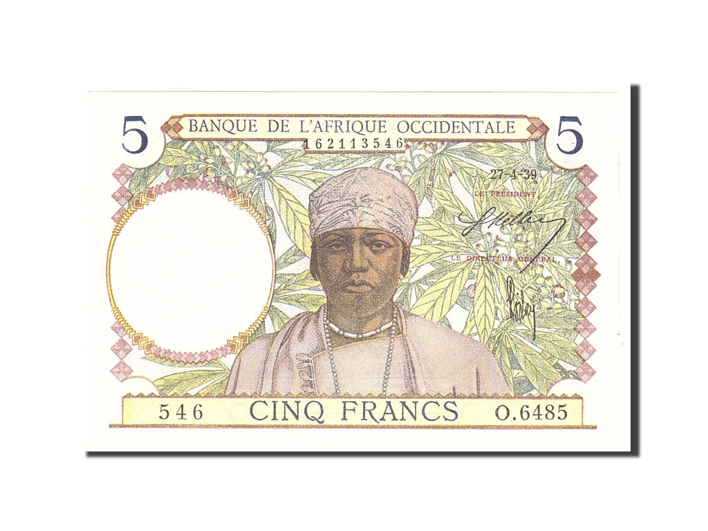 Banknote, French West Africa, 5 Francs, 1939, 1939-04-27, KM:21, UNC(65-70)