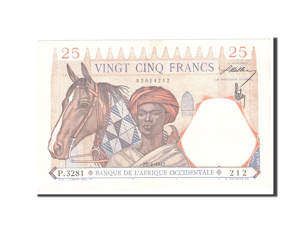 French West Africa, 25 Francs, 1942-43, KM:27, 1942-04-22, UNC(63)