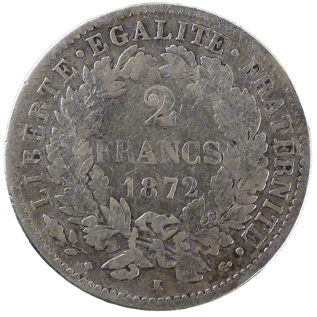 FRANCE, Cérès, 2 Francs, 1872, Bordeaux, KM #817.2, VF(20-25), Silver, 27, G...