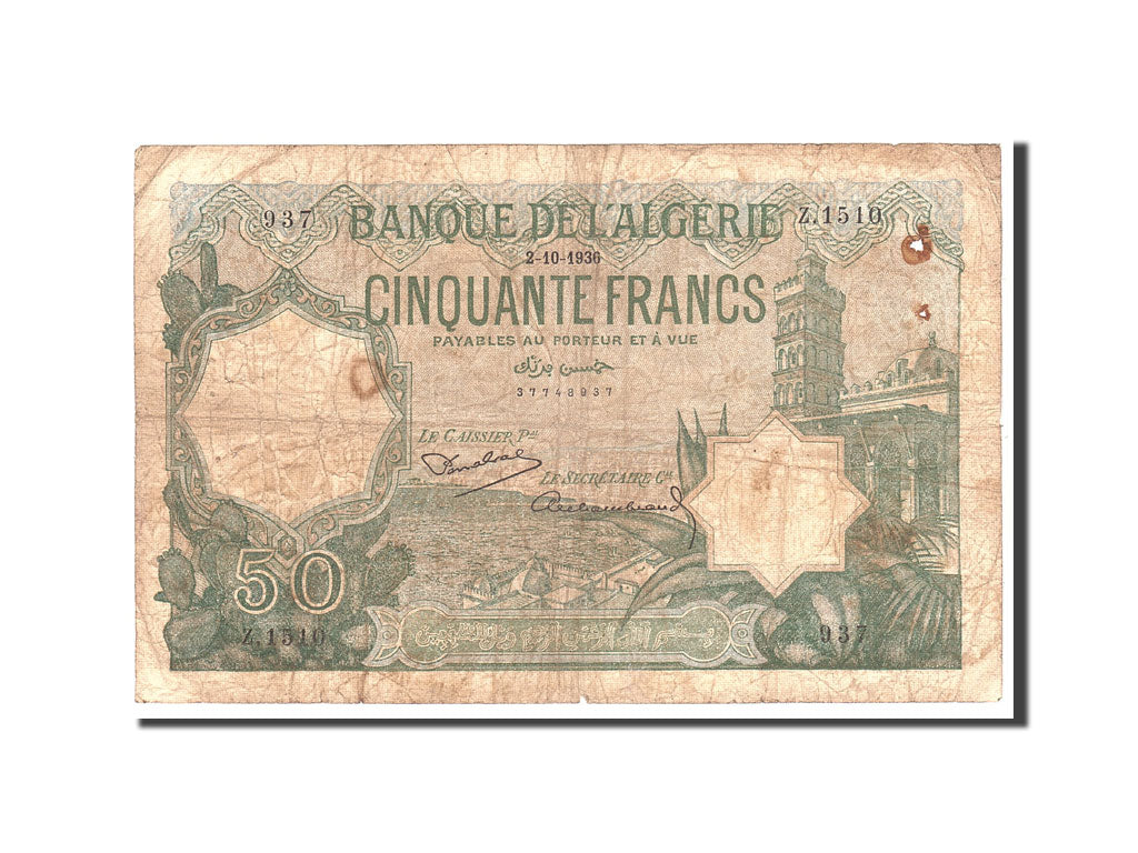 Biljet, Algerije, 50 Francs, 1936, 1936-10-02, KM:80a, TB