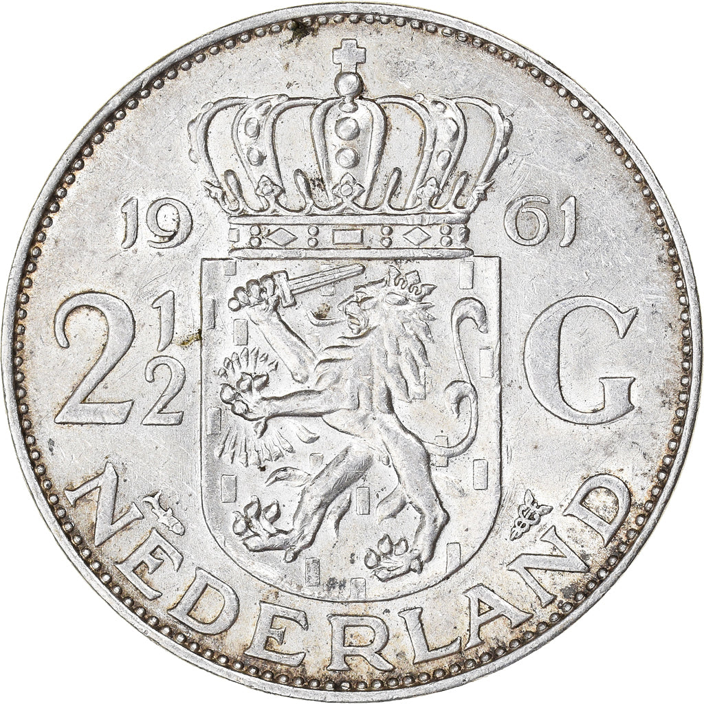Coin, Netherlands, Juliana, 2-1/2 Gulden, 1961, EF(40-45), Silver, KM:185