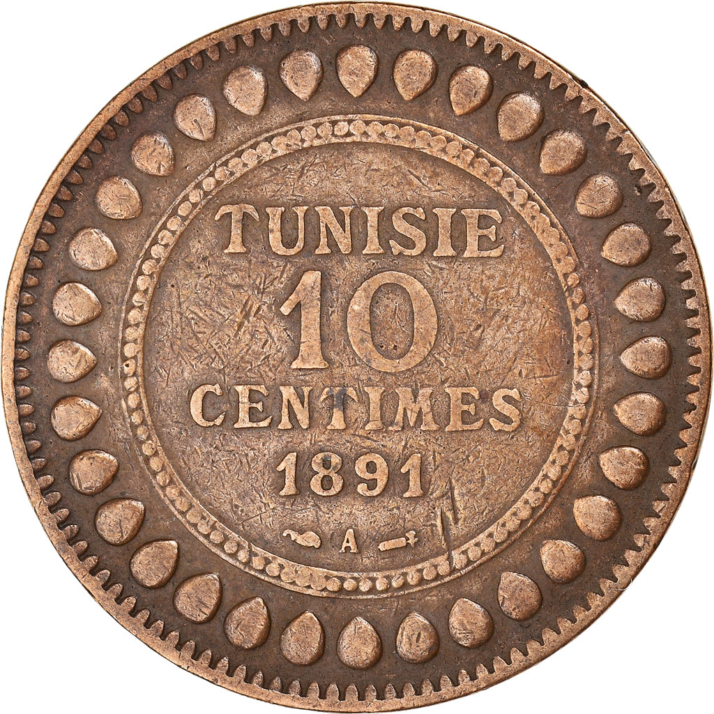 Coin, Tunisia, Ali Bey, 10 Centimes, 1891, Paris, EF(40-45), Bronze, KM:222