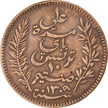Moneda, Túnez, Ali Bey, 10 Centimes, 1892, Paris, MBC, Bronce, KM:222