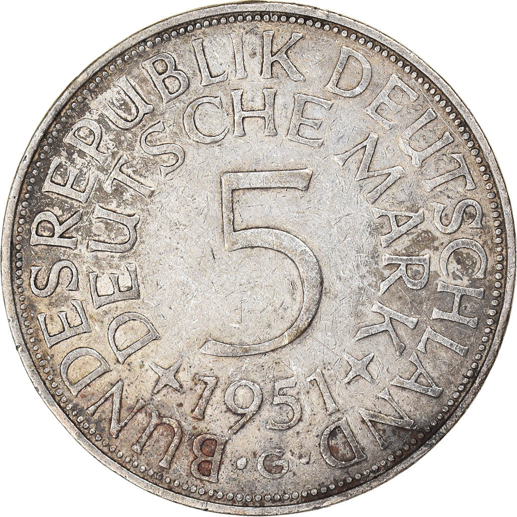 Coin, GERMANY - FEDERAL REPUBLIC, 5 Mark, 1951, Karlsruhe, EF(40-45), Silver