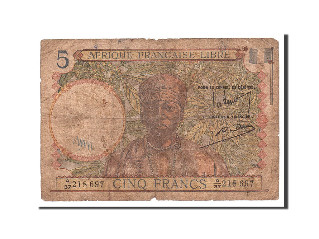 French Equatorial Africa, 5 Francs, 1941, KM:6a, Undated, VG(8-10)