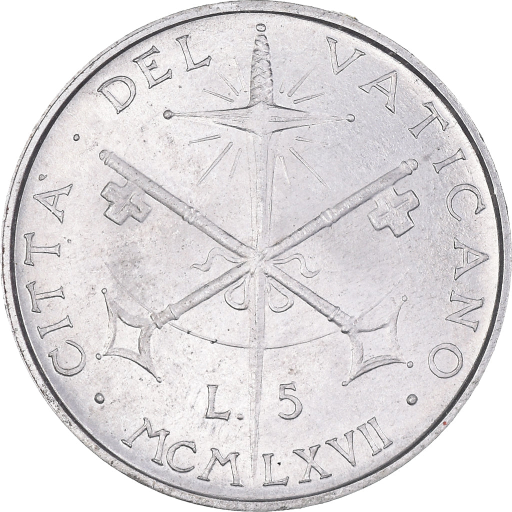 Moneda, CIUDAD DEL VATICANO, Paul VI, 5 Lire, 1967, MBC, Aluminio, KM:94