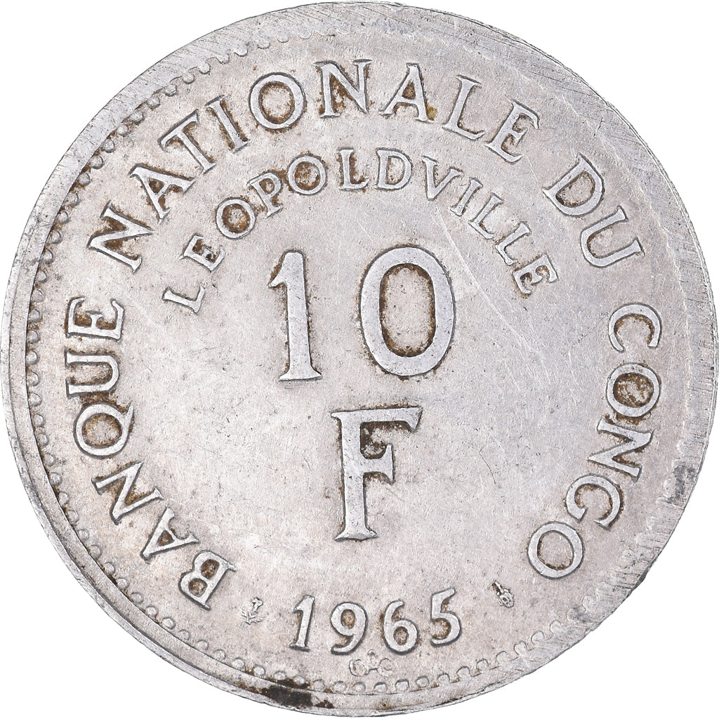 Coin, CONGO, DEMOCRATIC REPUBLIC, 10 Francs, 1965, Brussels, VF(30-35)