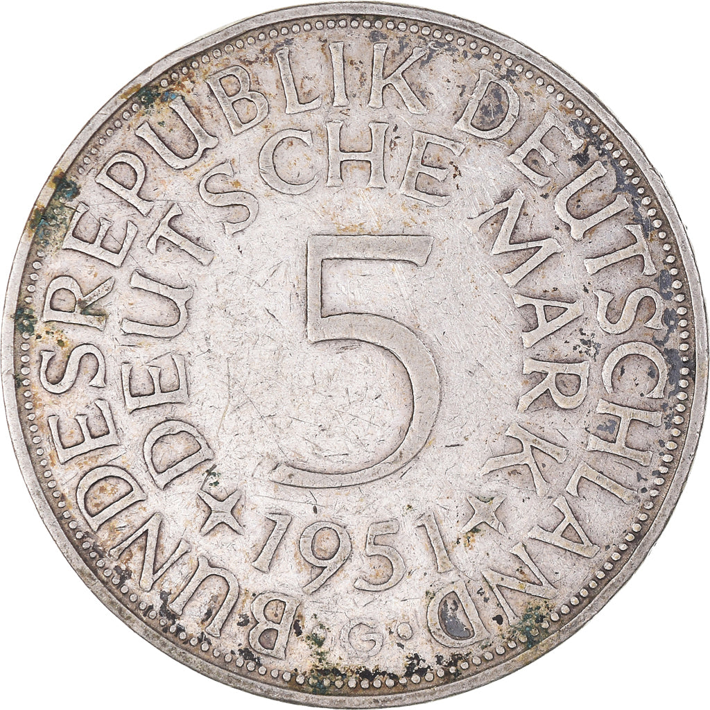 Moneta, GERMANIA - REPUBBLICA FEDERALE, 5 Mark, 1951, Karlsruhe, MB+, Argento