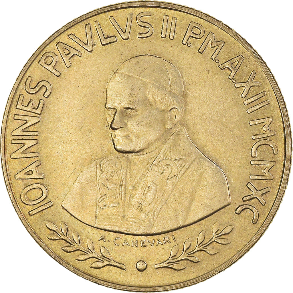 Coin, VATICAN CITY, John Paul II, 200 Lire, 1990, MS(63), Aluminum-Bronze