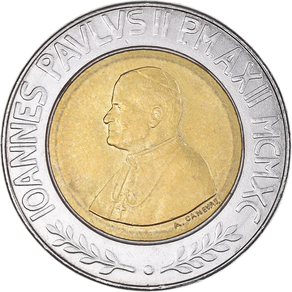 Coin, VATICAN CITY, John Paul II, 500 Lire, 1990, MS(63), Bi-Metallic, KM:225