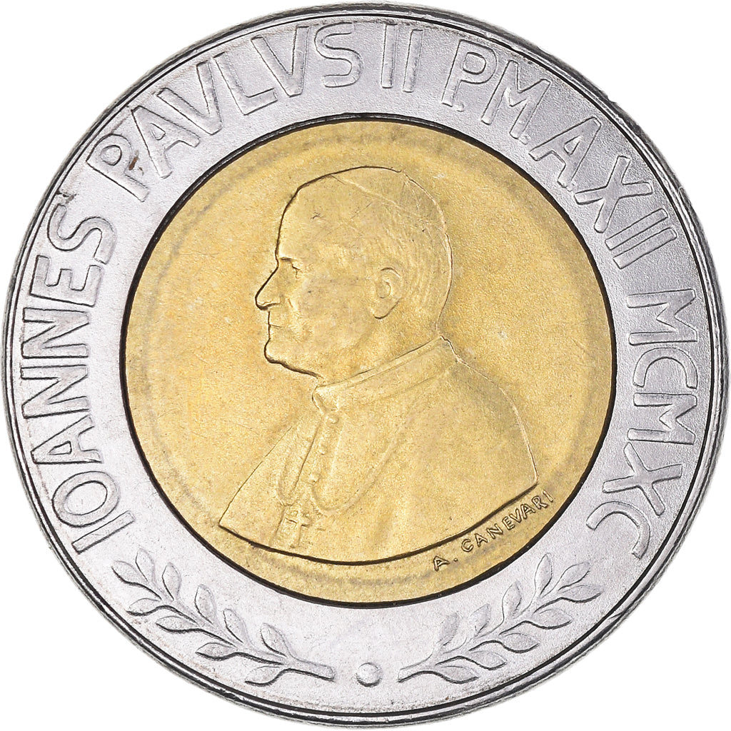Coin, VATICAN CITY, John Paul II, 500 Lire, 1990, MS(63), Bi-Metallic, KM:225