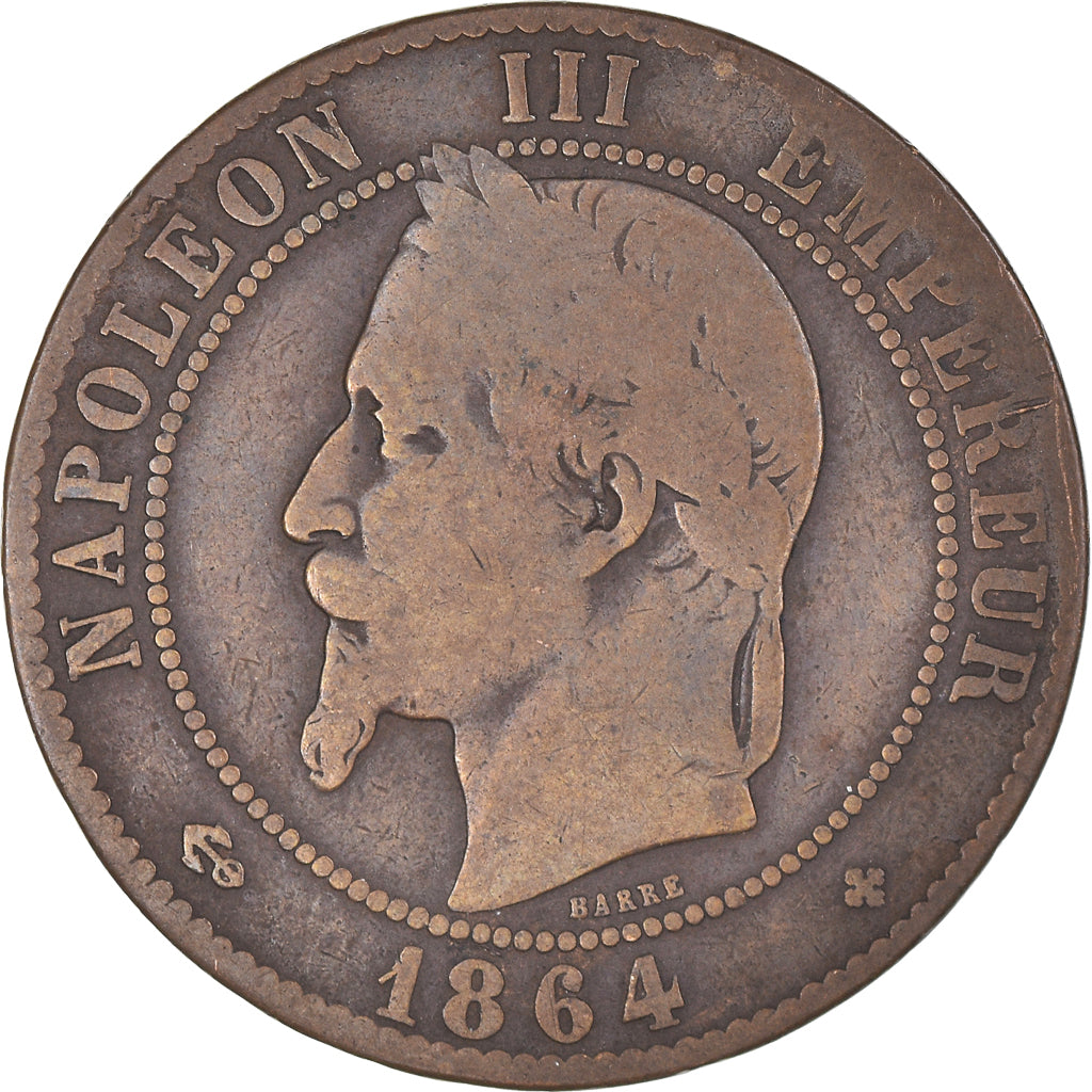 Moeda, França, Napoléon III, 10 Centimes, 1864, Strasbourg, F(12-15), Bronze
