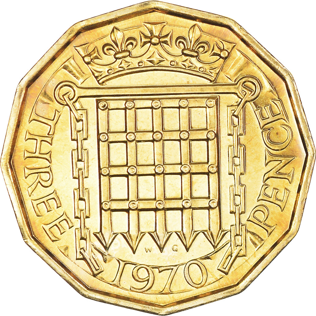 Moneda, Gran Bretaña, 3 Pence, 1970, SC, Níquel - latón