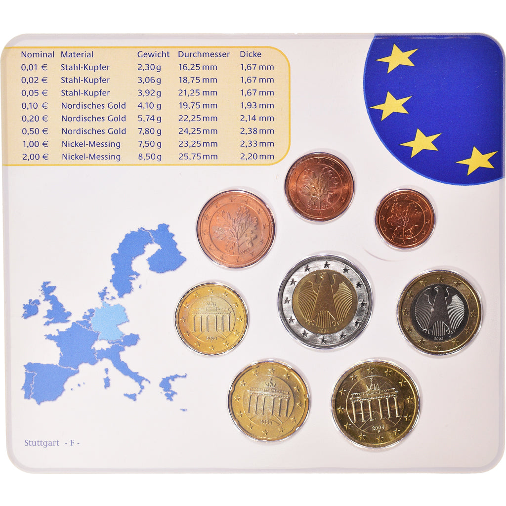 Germany, 1 Cent to 2 Euro, 2004, Stuttgart, Set Euro, MS(65-70)
