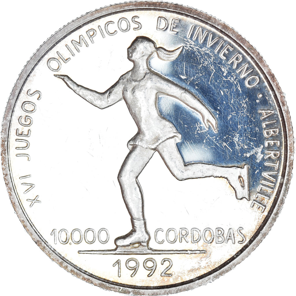 Münze, Nicaragua, 10000 Cordobas, 1990, Albertville '92. BE, SS+, Silber, KM:75